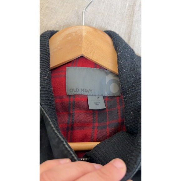 Old Navy Black Utility Jacket Mens Medium Plaid Lined Cotton Full Zip Military S - Picture 6 of 10